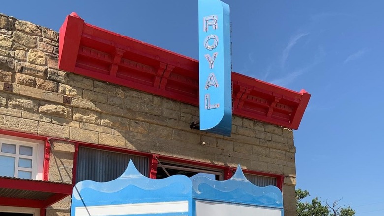 Blue and red Royal Theater facade Archer City Texas