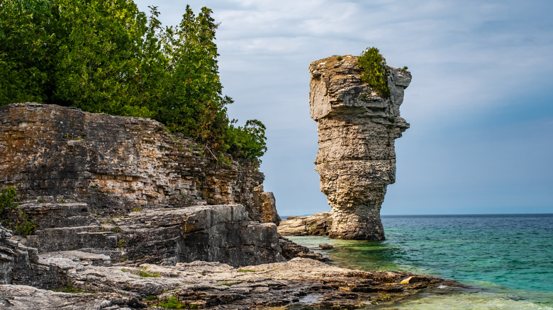 Natural limestone pillar rising from the water next to a tree-lined cliff on Flowerpot Island