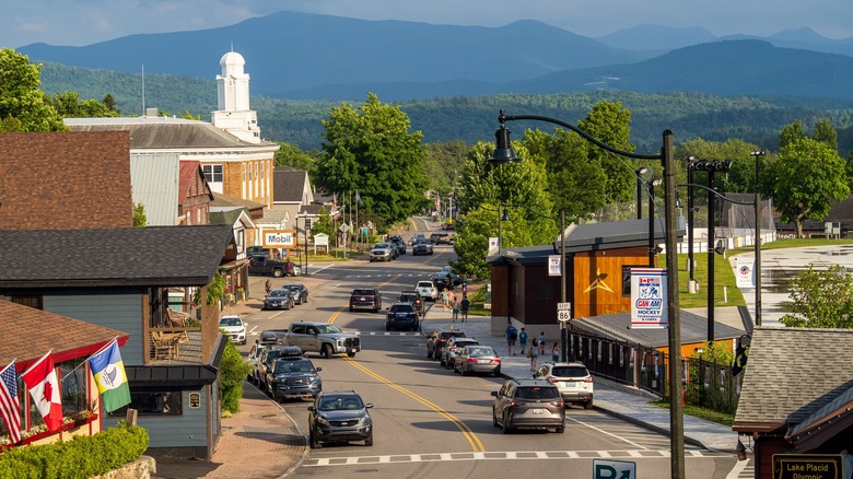 Main Street in Lake Placid with mountains