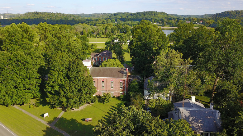 Aerial view of trees and buildings in Vevay, Indiana