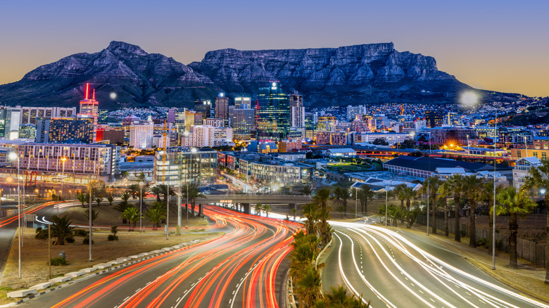 A brightly lit network of streets and highways in Cape Town, South Africa