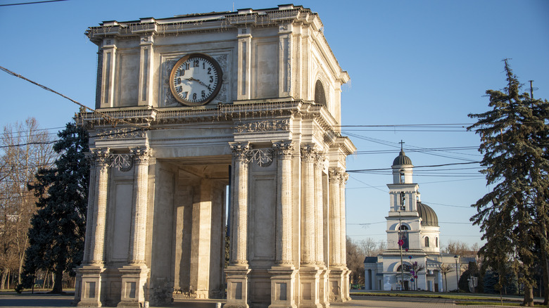 The Triumphal Arch, a national Moldovan monument situated in Central Chisinau next to the Nativity Cathedral