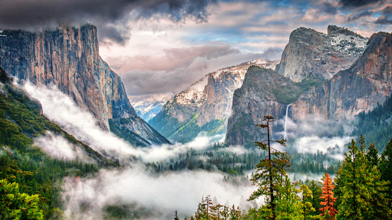 Clouds creep through a valley surrounded by granite cliffs at Yosemite National Park.