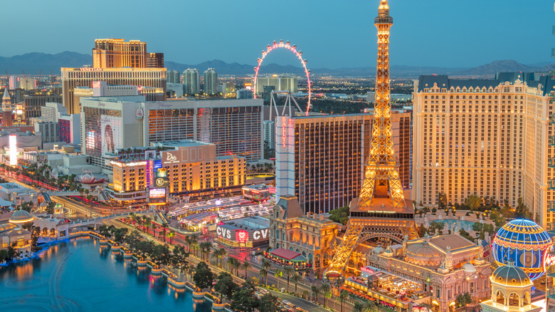 Evening image of the skyscape of Las Vegas, Nevada, with the hotels and casinos of the Strip (Las Vegas Boulevard) all glowing in bright lights