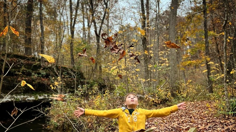 A boy sits on the ground in the middle of the trees at Pennyrile Forest State Park