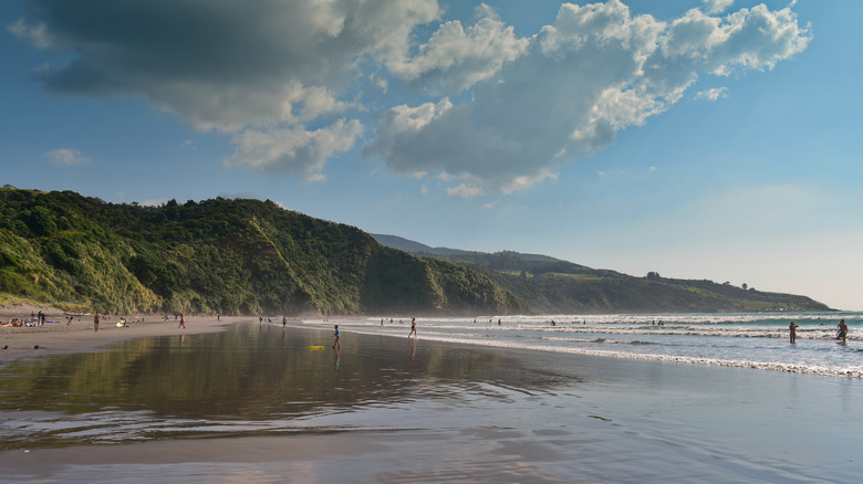People at beach and swimming in water