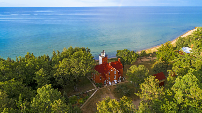 An aerial view of 40 Mile Point Lighthouse in Rogers City, Michigan