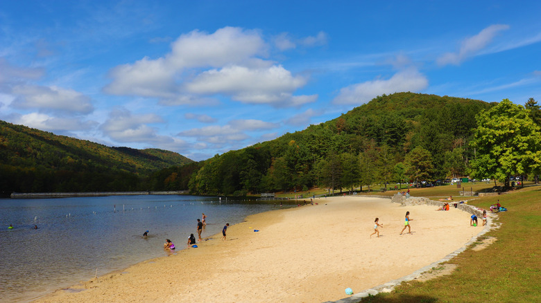 People play on the beach and around the lake at Cowans Gap State Park.