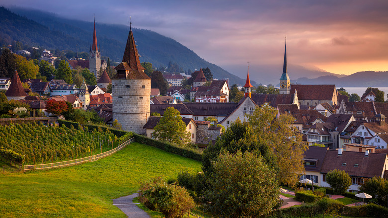 Sunset over the town of Zug, Switzerland