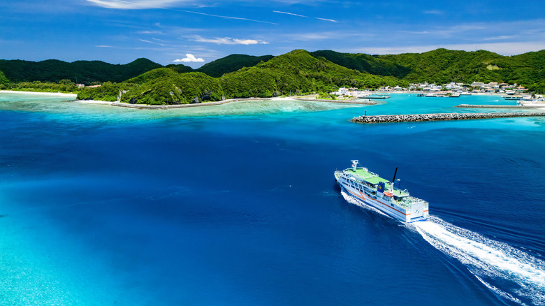 A boat approaches Zamami Island, Okinawa, Japan