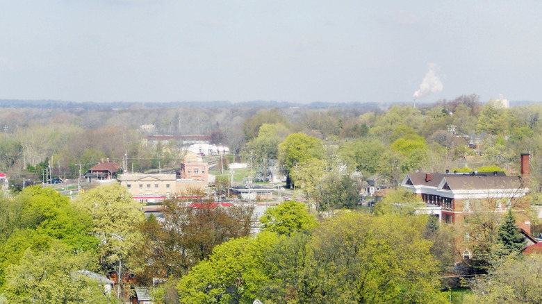 An aerial view of downtown Albion, Michigan