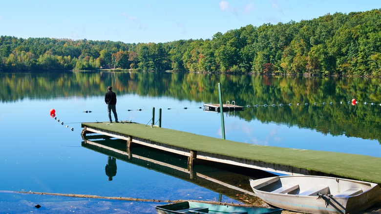 Man stands on dock overlooking New York lake
