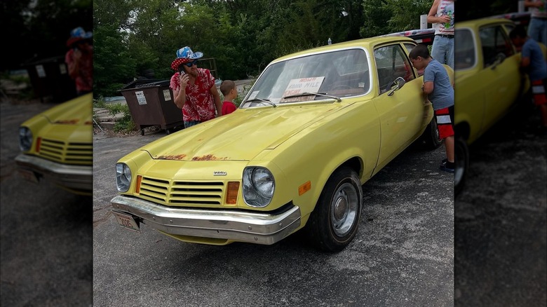 A yellow 1975 Chevrolet Vega preserved in the World's Largest Time Capsule in Seward, Nebraska