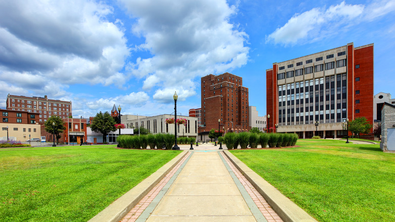 View of buildings and manicured lawns in Bridgeport in Connecticut