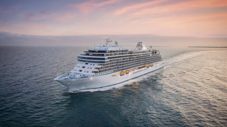 Aerial image of the Regent's Seven Seas Splendor ship at sunset
