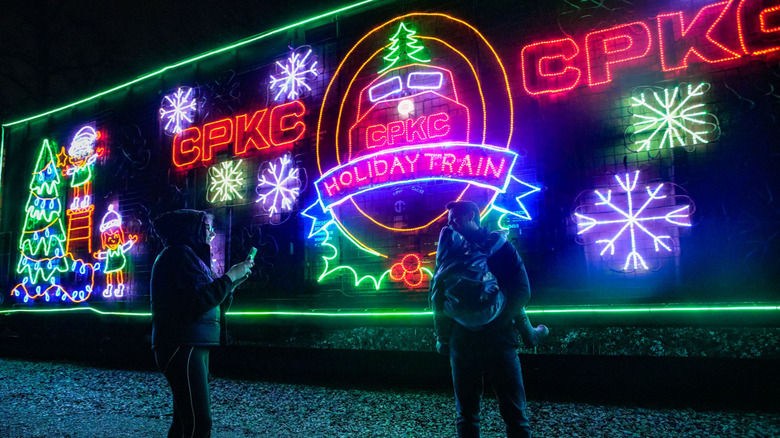 The Canadian Pacific Holiday Train illuminated at night
