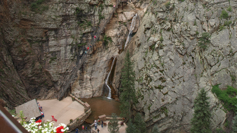 Broadmoor Seven Falls waterfall and stairs leading to the top with view points visible