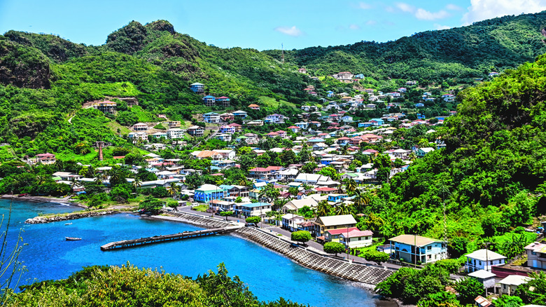 aerial view of ocean bay and town in St. Vincent, Grenadines