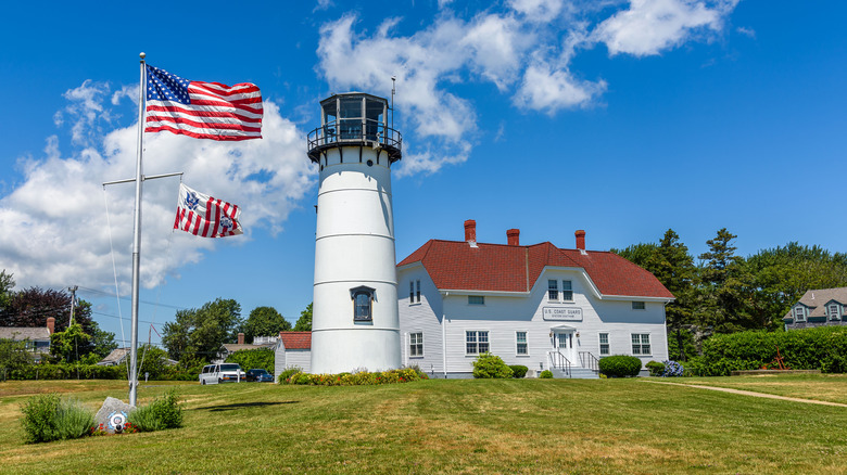 American flags flapping outside Chatham Lighthouse