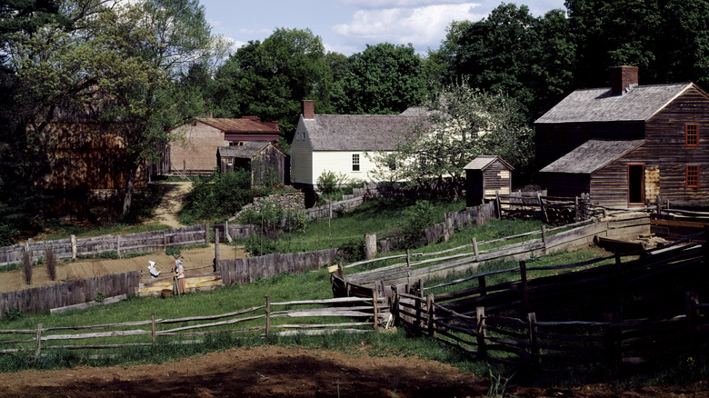 Historic farmsteads as preserved by Old Sturbridge Village during the summer time.