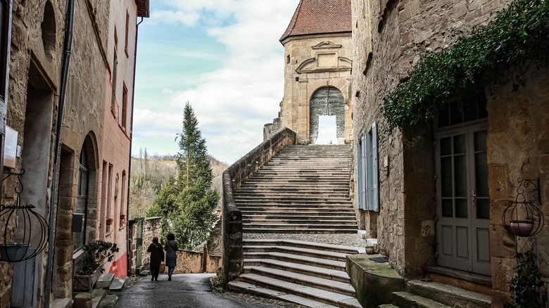 Grand staircase in in the village center in Saint-Antoine-l'Abbaye, France