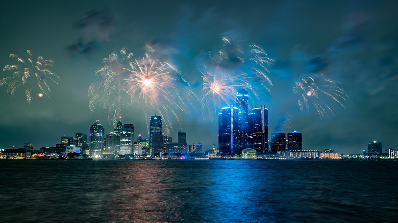 fireworks over the city of Detroit