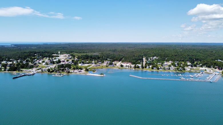Aerial view of the waterfront and marina in DeTour Village, Michigan