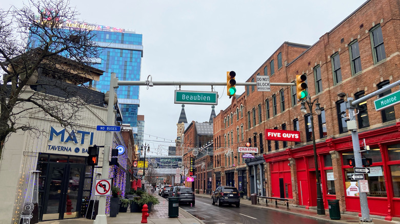 Street-level view of the intersection at Beaubien and Monroe Streets in Detroit's Greektown neighborhood