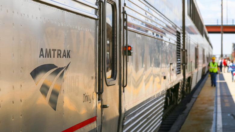 Close-up of the side of an Amtrak train
