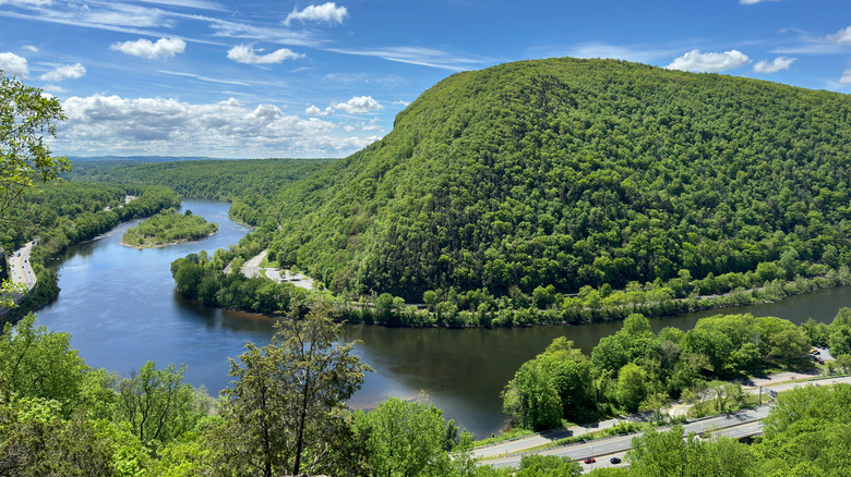 The lush green hills of the peaks around Mount Tammany and the Delaware River