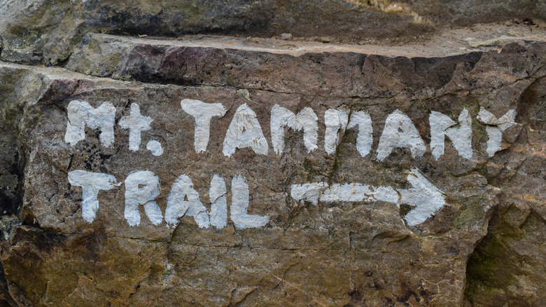 A marker points the way to the Mount Tammany hiking trail