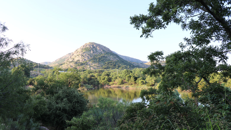 Lake and mountain scenery in Quartz Mountain State Park, Oklahoma