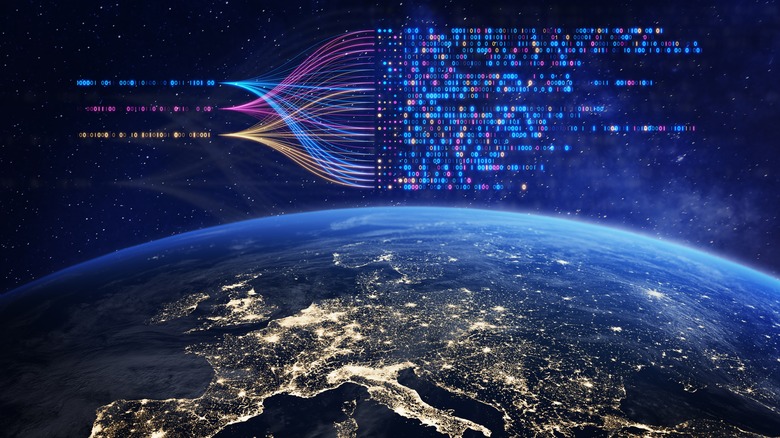 Digital graphic of AI data flying over the Earth