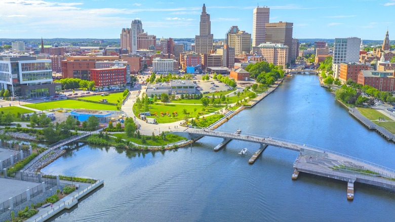Aerial view of bridges, roads, and buildings of Providence, Rhode Island