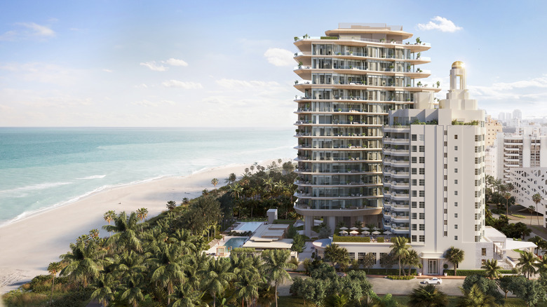Exterior view of the planned Aman Miami Beach residential tower and hotel, in the restored Versailles Hotel building, overlooking the Atlantic Ocean in Miami Beach, Florida, USA