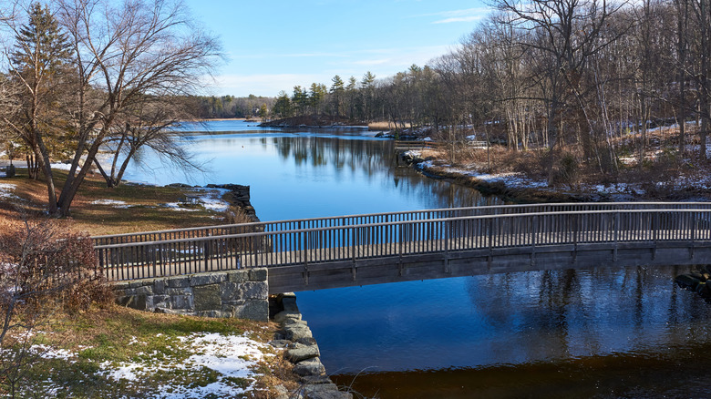 A pedestrian bridge crosses the Oyster River in Durham, New Hampshire
