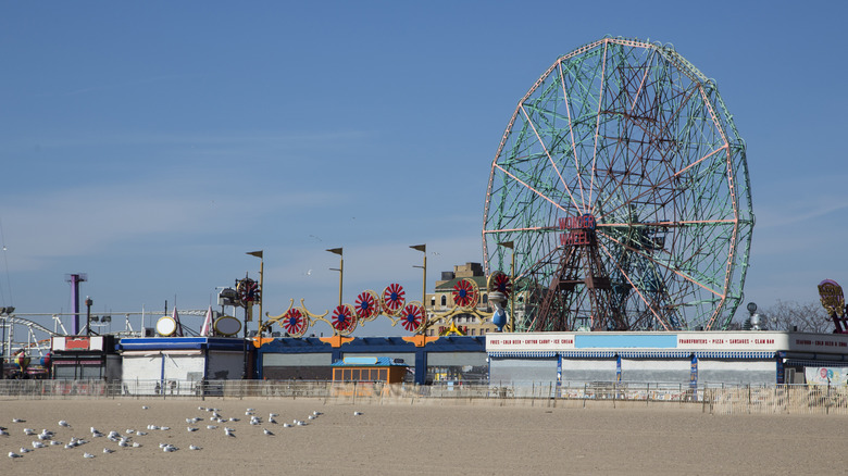 A view of Coney Island beach with Wonder Wheel in background