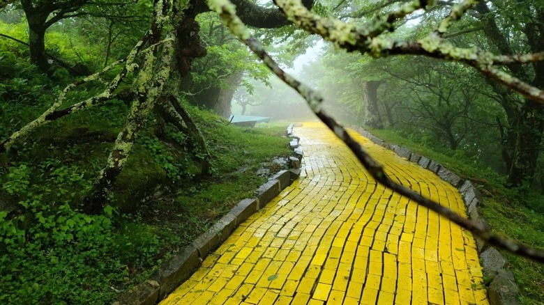 Yellow brick road winding through moss-covered trees in spooky way Land of Oz