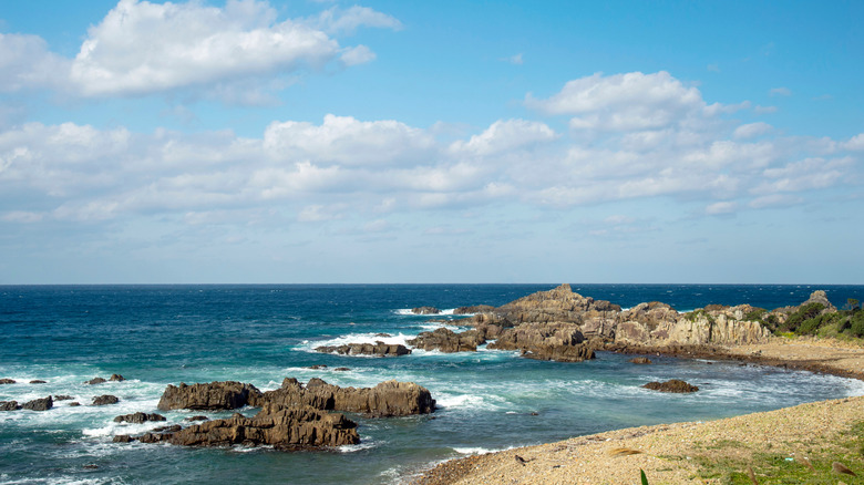 Rocks over blue waters and along a sandy beach in Tanegashima