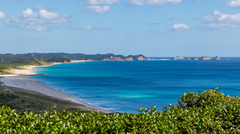 Beach, hills, and greenery curve around blue waters on Tanegashima
