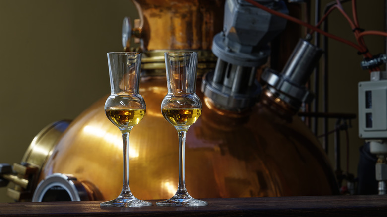 Glasses of liquor in front of brass distiller