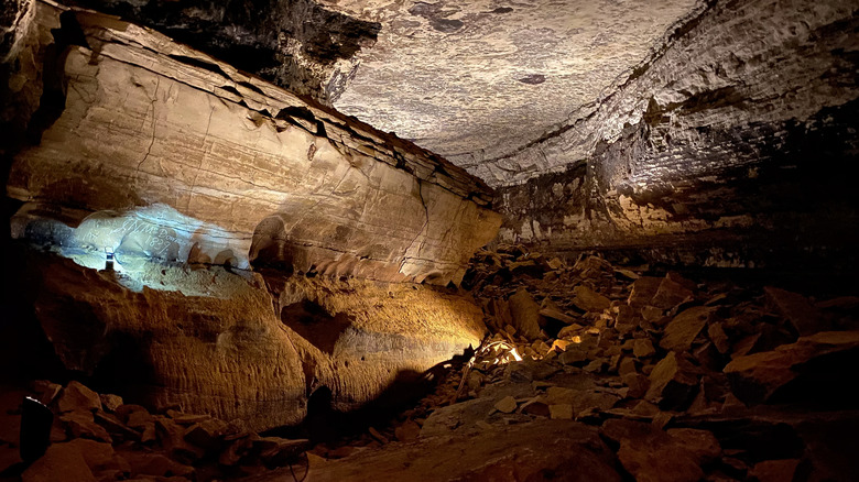 The inside Mammoth Cave National Park lit up with lights