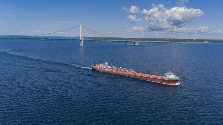 A large shipping freighter on Lake Michigan