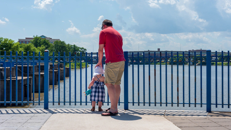 Father and child standing at a blue fence overlooking the Illinois River and trees at East Peoria Riverfront Park.