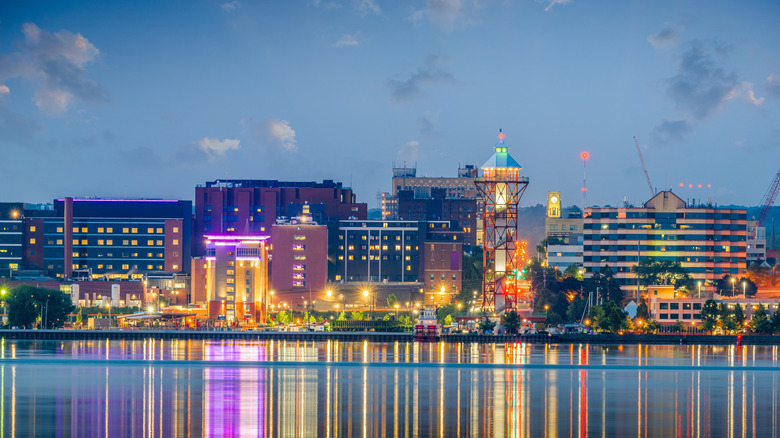 View of the waterfront in Erie, Pennsylvania at night
