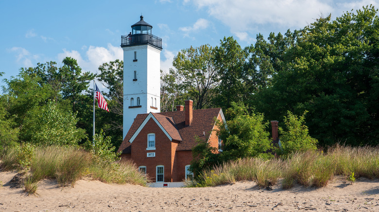 The Presque Isle State Park Lighthouse from the beach in Erie, Pennsylvania