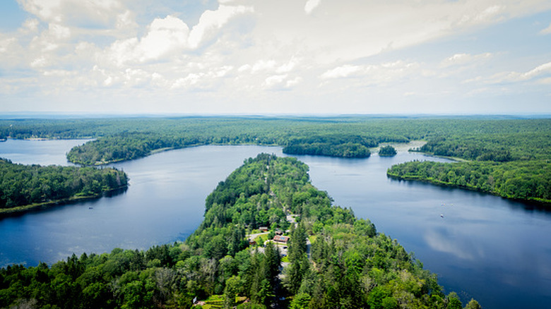 Aerieal shot of Promised Land Lake blue water forest and cloudy sky