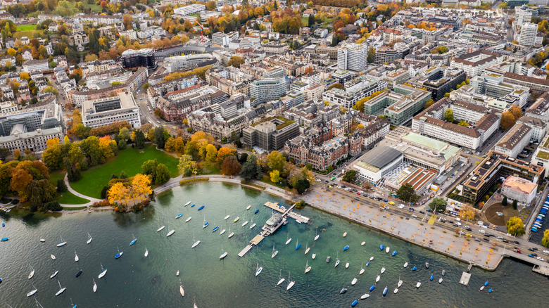 Aerial view of the business and financial district of Zurich and the Guisan Quay by the lake in fall in Switzerland