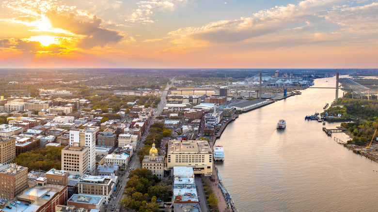Aerial image of River Street in Savannah, GA