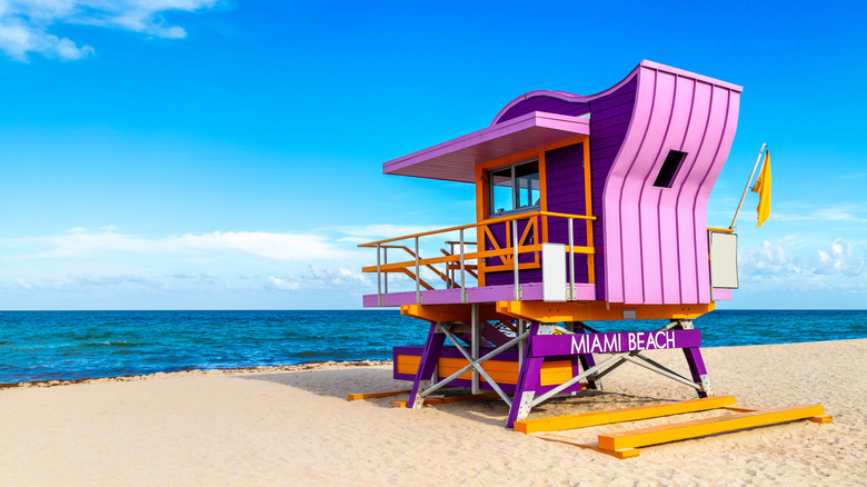 One of many colorfully painted art deco lifeguard towers on Miami Beach